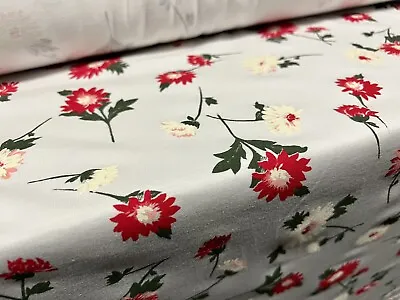 Cotton Single Jersey Fabric Per Metre - Flower Print - Pale Grey Red & Green • £6.99