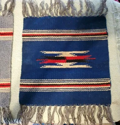 3pc Vtg Mexico Wool Table Mats 14x9.5 Indian Design Blue Black Red Gray Fringe  • $24.76