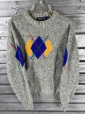 Vintage 80s Puritan Gray Argyle Wool Fisherman Long Sleeve Sweater Mens M • $19.99