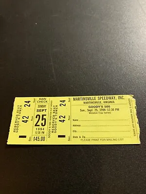 Nascar Ticket Martinsville Sept 25 1994 • $5