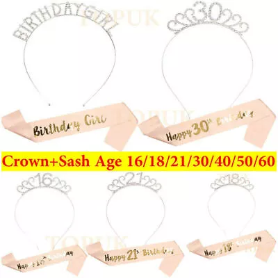 Happy Birthday Sash Tiara Set 16/18/21st/30/50/60th Party Girl Crown Rose Gold • £5.99