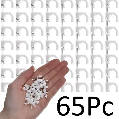 8mm ROUND CABLE CLIPS 65Pc Small White Wall Tacks Cord Wire Tidy Fixing Fastener • £3.98