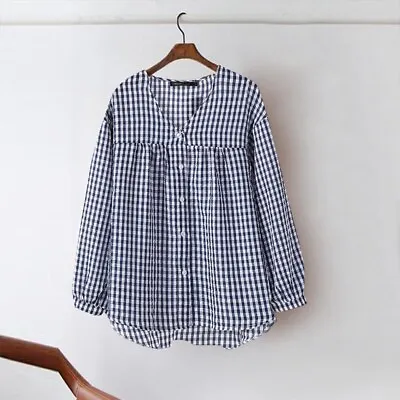Women Check Plaid V Neck Top Pullover Long Sleeve Casual Loose Shirt Blouse 8-24 • £12.99