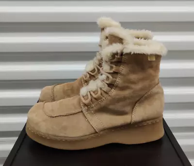 Report Sierra Tan Leather Platform Chunky Fur Winter Lace Up Boots Women's Sz 9 • $44.99