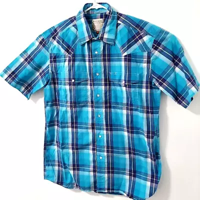 Roper Mens Shirt M Blue Plaid Short Sleeve Pearl Snap Shirt Western Wear • $17.95