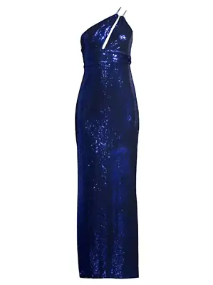 NWT Aidan By Aidan Mattox Asymmetric Metallic Dot Knit Gown Size 0 Cobalt Blue • $84.70