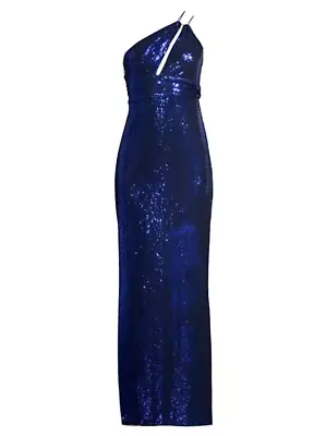 NWT Aidan By Aidan Mattox Asymmetric Metallic Dot Knit Gown Size 2 Cobalt Blue • $94.90