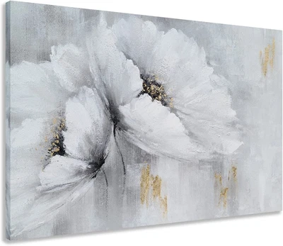 $69.16 • Buy Grey And White Poppy Flower Canvas Wall Art - Hand Painted Floral Painting With 