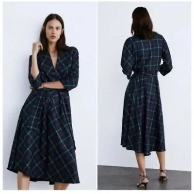 ZARA Plaid Check Tie Waist A Line Midi Dress Blogger Fav Sz XXL • $69.95