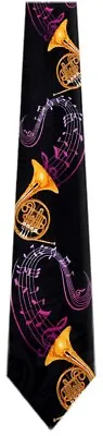 Men's Black Pink Gold French Horn Novelty Necktie Wind Instrument Musical Theme • $15.99