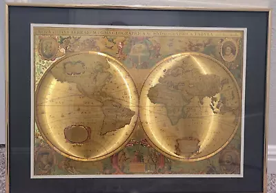 Framed Vintage Foil World Map By Manifestations -  Nova Totivs Terrarvm Orbis • $44.99