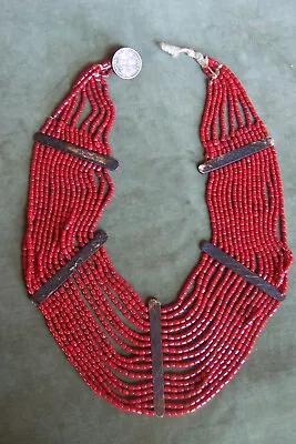 NAGA -nagaland NECKLACE-large 15 Strands Of Beads-red Coral Glass Beads-vintage • $120