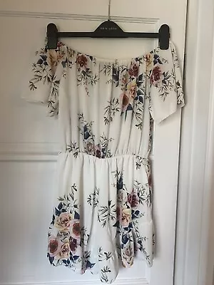 Cameo Rose Ladies White Floral Bardot Off Shoulder Summer Playsuit Size S/M • £3