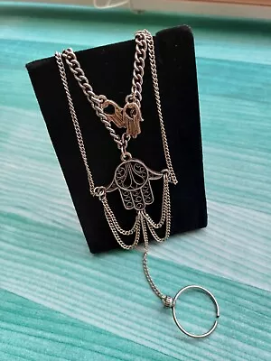 Silver Hamsa Hand Harness Chain Bracelet And Attached Adjustable Ring • £5.99