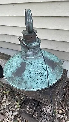 $50 • Buy Vintage Antique Tin Punched Primitive Ceiling Pendant Lamp Farmhouse Green Works