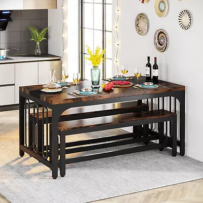 55  Rectangle Wood & Metal Dining Table Set Kitchen Dining Table With 2 Benches • $195.63