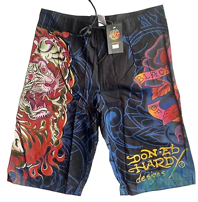 New Ed Hardy Swim Trunks Surf Board Shorts Size LARGE YOUTH EMBROIDERED • $19.99