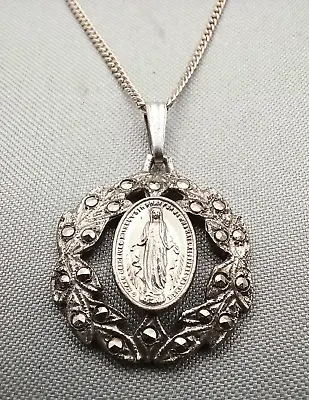 Vintage Miraculous Medal Pendant Necklace Sterling Silver Marcasite Mother Mary • $72.99