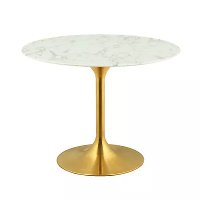 40  White Round Pedestal Stem Dining Table Gen. Stone Faux Marble Top Gold Base • $939.96