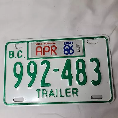 April 1986 British Columbia Canada BC Trailer License Plate Green EXPO Vintage • $28.96