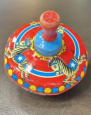 Vintage 1960's Ohio Art Metal Spinning Top With Wood Handle Litho Tin Toy Zebra • $24.99