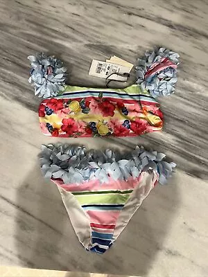 NWT Monnalisa Tropical Girls Bikini Swimsuit 2 Piece Pink Blue Ruffle Medium • $37.99