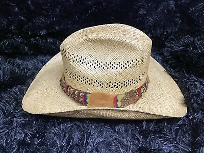 LARRY MAHAN Byer Rolnick Vintage Vent Straw Cowboy Hat Feather Accent Sz 7-1/8 • $70