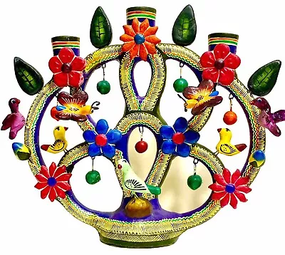 Vibrant Mexican Tree Of Life Folk Art Candelabra All Handcrafted Spring Vintage • $109