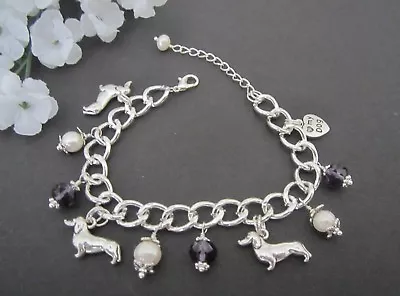 Dachshund Wiener Dog Charm Bracelet With Freshwater Pearls & Silver Crystals • $25