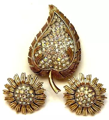 Vintage Crown Trifari Watermelon Stone Leaf Brooch Earrings Set • $20.50