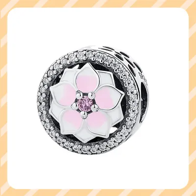 Authentic Pink Magnolia Flower Charm 925 Sterling Silver Women Bracelet Charm • $15