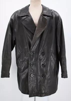 Men's 90s 2000s Andrew Marc Black Leather Pea Coat Jacket Sz L 1990s • $189.99