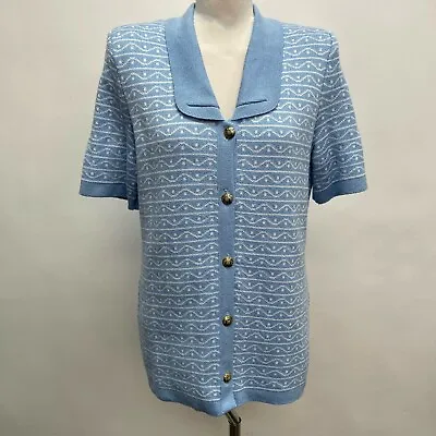 Mita Knit Sweater 10 Blue White Button Down Short Sleeve Krinkle Spun  • $24