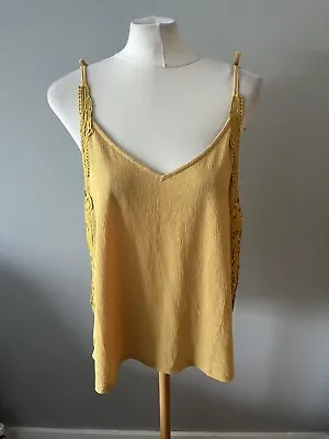 Ladies Next Mustard Yellow V Neck Tie Sleeve Embroidered Trim Top Size 18  • £8