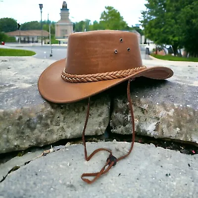 Cowboy Bush Hat Tan Brown Western Australian Style 100% Split Leather Hat • £18.99