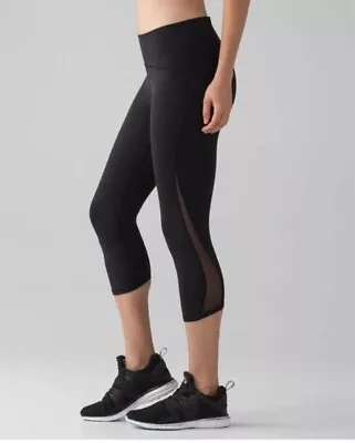 Lululemon Women Train Times Crop 21  BLACK Size 6 Mesh Side One Pocket Leggings • $25