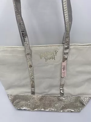 NWT $58 Victoria's Secret Cream Glitter W/ Silver Gold Sequined Handbag Tote • $19.99