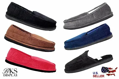 Mens House Shoes Slippers Moccasin Slip-on Corduroy Black Brown Red Navy Gray • $12.25