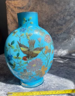 Antique Hand Painted Victorian Glass Moon Vase With Bird & Gilt Decoration 1850 • $200