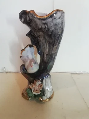 Vintage Unusual Bird On Tree Trunk Pottery Hand Painted Vaseabout 9 Inches Tall • £16