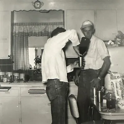 VINTAGE PHOTO 1950s Kitchen Men Mixing Drinks Cocktails Party ORIGINAL SNAPSHOT • $7.40