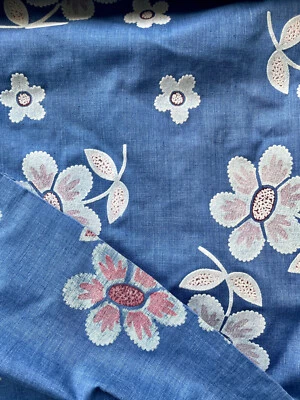 $75 • Buy Blue Cotton Chambray Fabric Flocked Flowers White Pink 5yds X 44  1970s Vintage