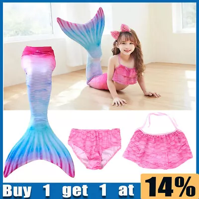 Girls Mermaid Tail Swimming Dresses Bikini Set Summer Swimsuit Cosplay Costume • £11.49