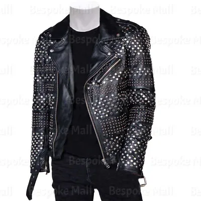 New Men's Punk Black Silver Metallic Studded Cowhide Leather Jacket Belted-155 • $374.09