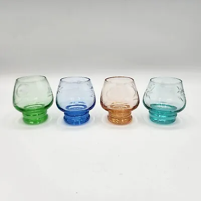 Vintage Set Of 4 Etched Multi-Color Cordial Glasses • $22