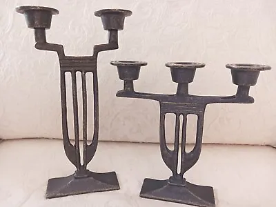 Pair Italian Arts Crafts Mission Style Bronze Candelabra Candleholders Italy • $240