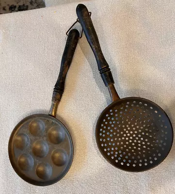 Vintage Antique Wall Hanging Brass Egg Pan Poacher And Strainer Set • $25