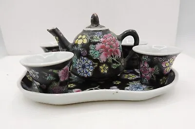 Black Famille Rose Miniature Tea Set Zhongguo Jingdezhen Vintage China • $27.50