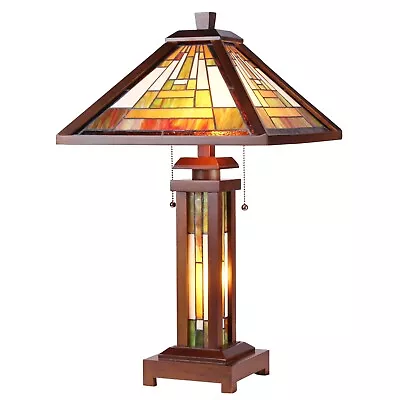 RADIANCE Goods Tiffany-style Mission 3 Light Double Lit Wooden Table Lamp 15  • $190.27