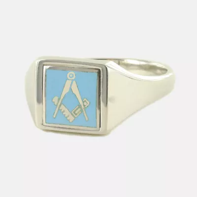 Light Blue Reversible Square Head Solid Silver Square And Compass Masonic Ring • £244.80